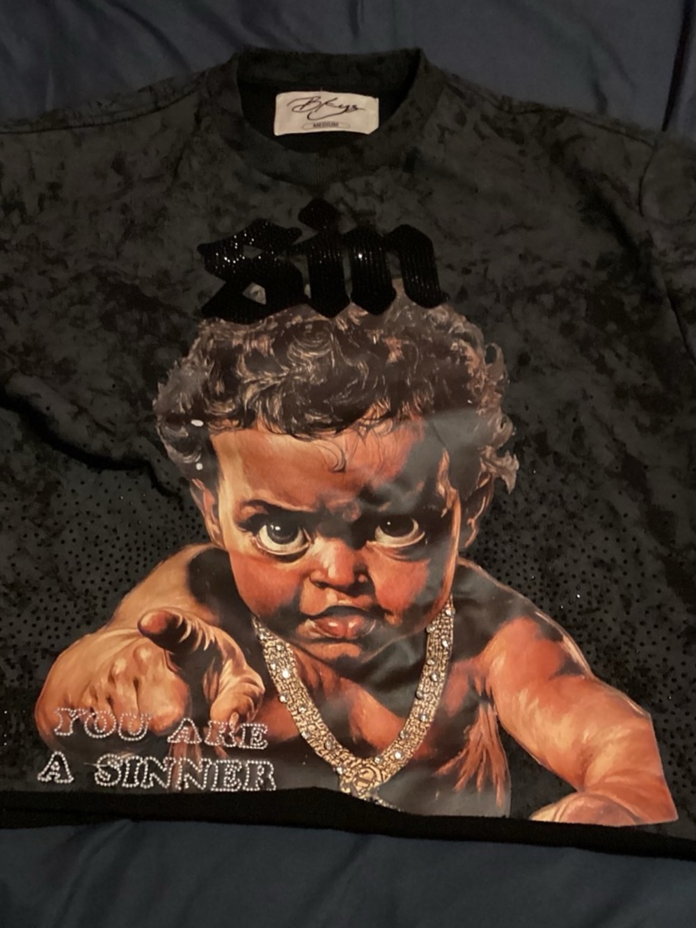 Black Graphic Short-Sleeve Tee with Bold Baby Motif